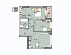 2-комн.кв., 52 м², этаж 19