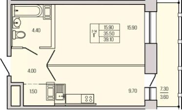 1-комн.кв., 39 м², этаж 3