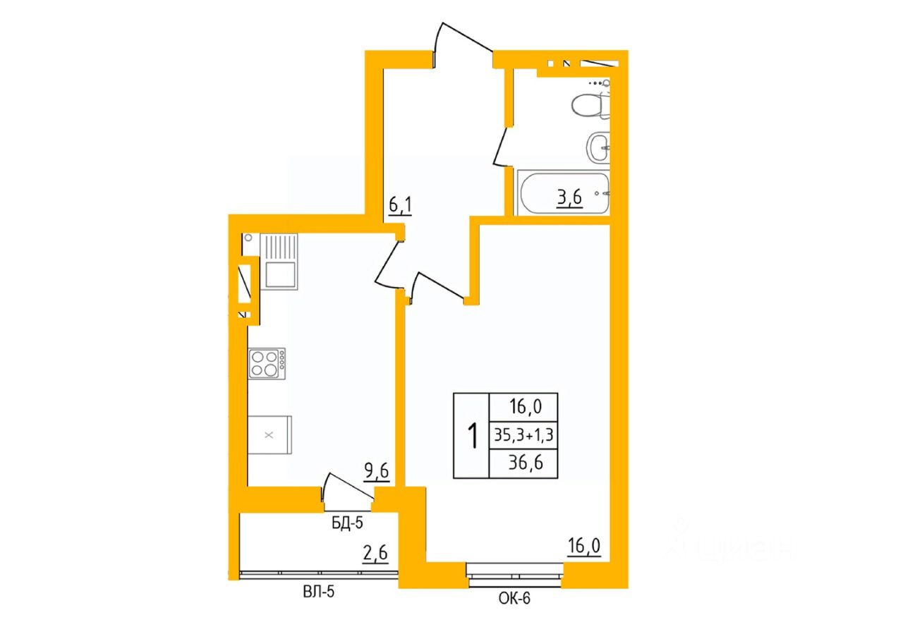 Купить однокомнатную квартиру 36,3м² Уфа, Башкортостан респ., Инорс-4Б  микрорайон, Акварель жилой комплекс - база ЦИАН, объявление 297576408