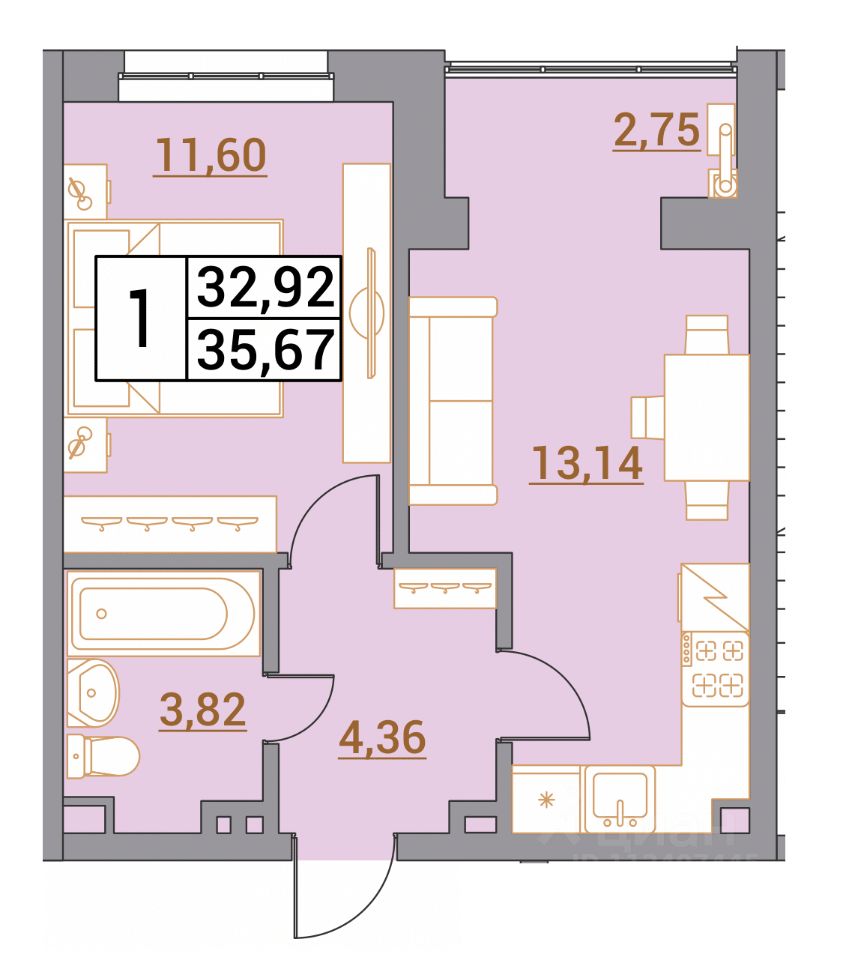 1-комн.кв., 35,7 м², 1/5 этаж