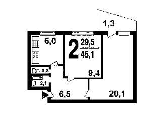 2-комн.кв., 45 м², этаж 3