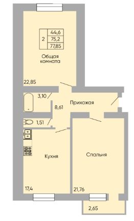 2-комн.кв., 75 м², этаж 3