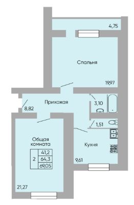 2-комн.кв., 68 м², этаж 1