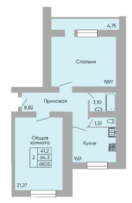2-комн.кв., 69 м², этаж 8