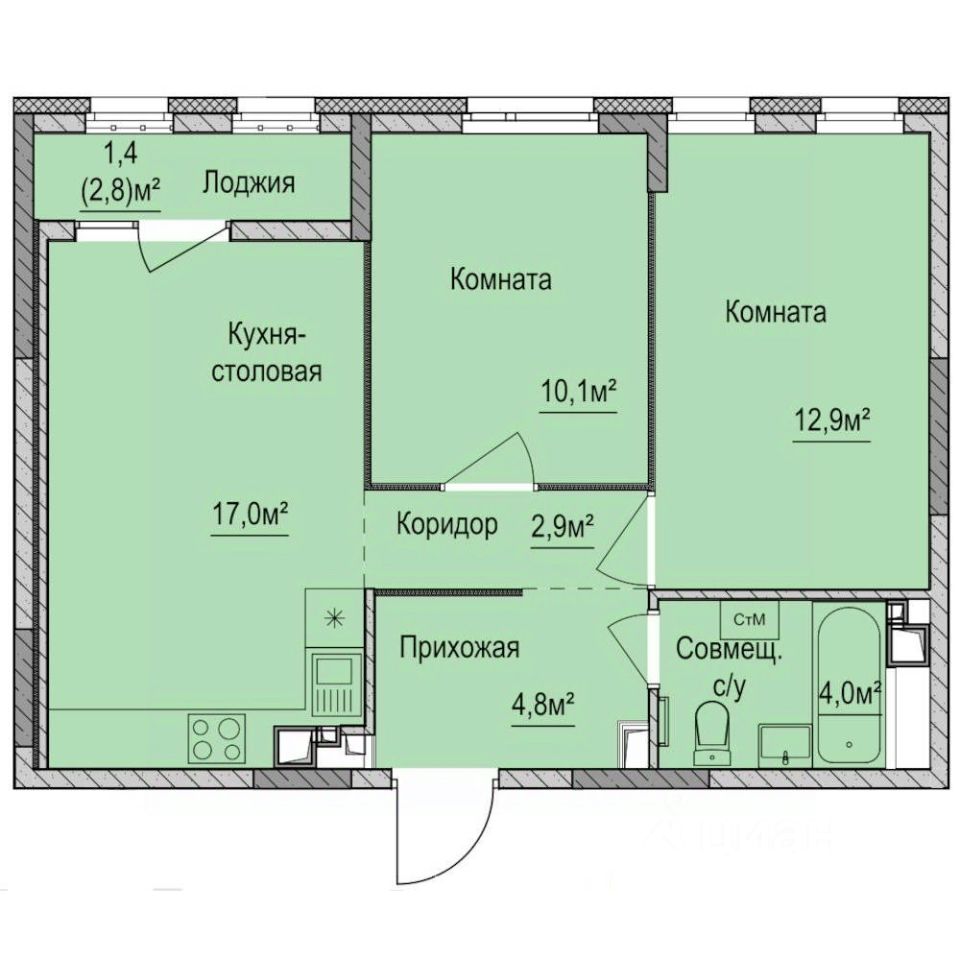 Купить двухкомнатную квартиру 53,1м² ул. 10 лет Октября, 75/1, Ижевск,  Удмуртская респ. - база ЦИАН, объявление 297696573