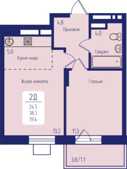 2-комн.кв., 39 м², этаж 16