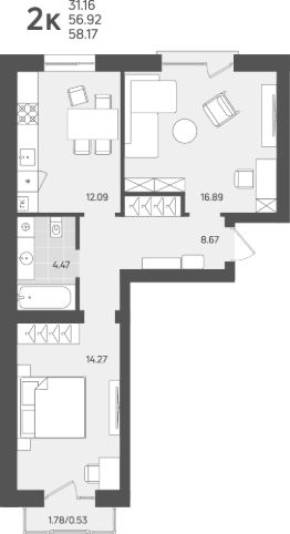 2-комн.кв., 57 м², этаж 2