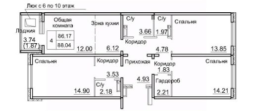 4-комн.кв., 88 м², этаж 2