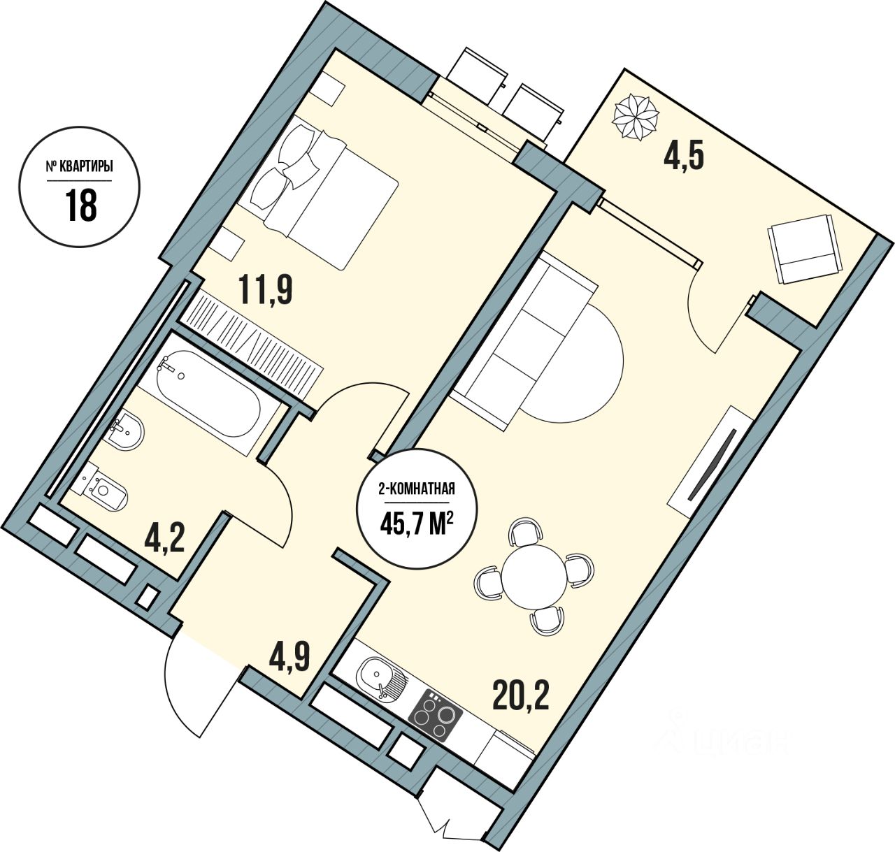 Купить двухкомнатные апартаменты 45,7м² Краснодарский край, Темрюкский  район, Голубицкое с/пос, Голубицкая станица - база ЦИАН, объявление  297527463