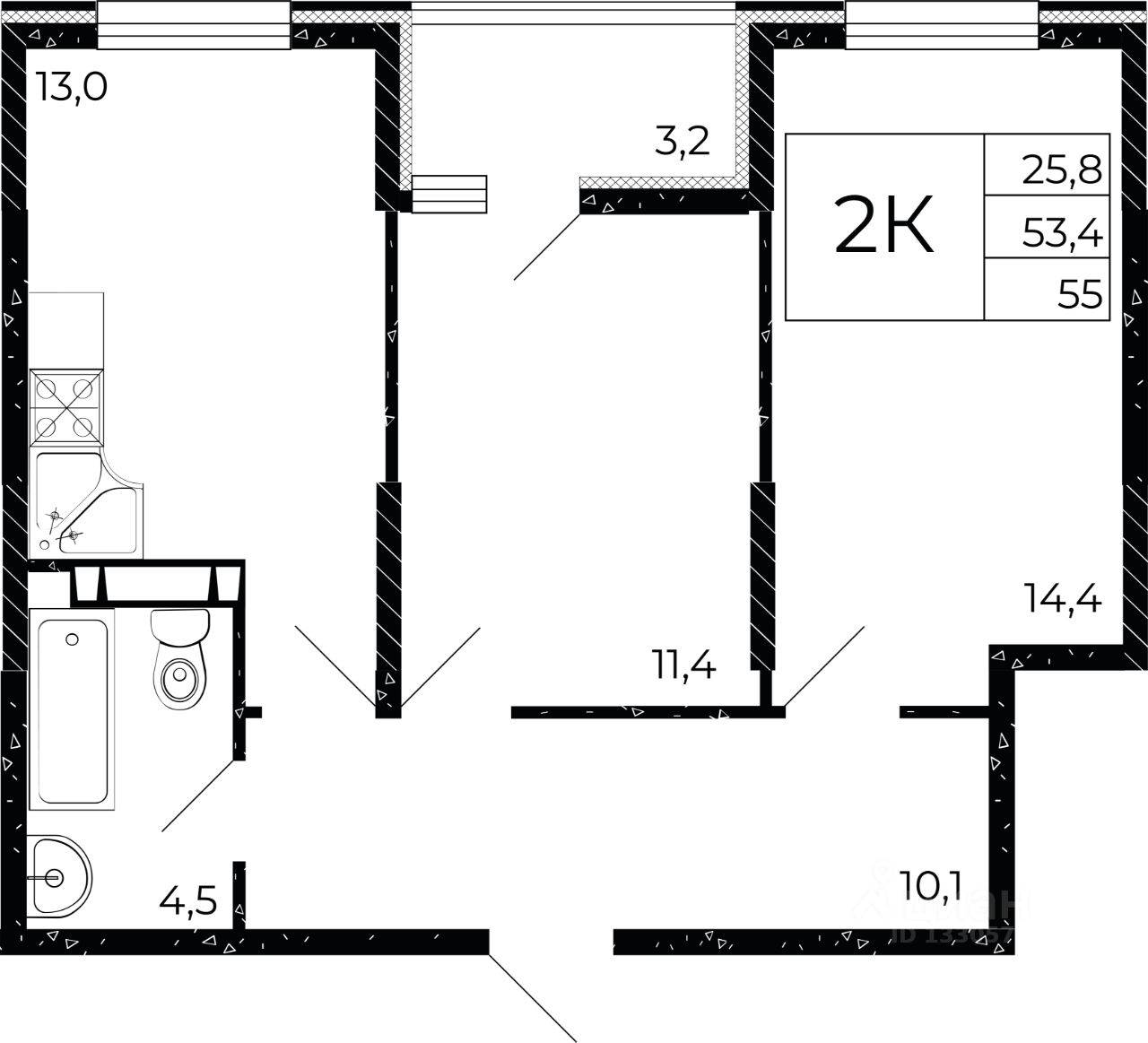 2-комн.кв., 55 м², 3/15 этаж