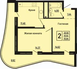 2-комн.кв., 55 м², этаж 3