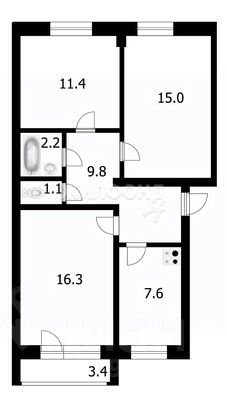 3-комн.кв., 63 м², этаж 2