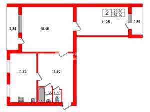 2-комн.кв., 57 м², этаж 2