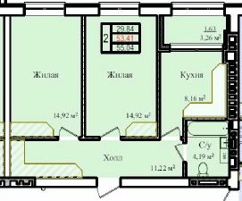 2-комн.кв., 55 м², этаж 2