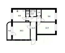 3-комн.кв., 66 м², этаж 2