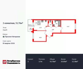 2-комн.кв., 52 м², этаж 3