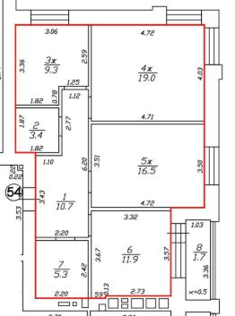 3-комн.кв., 78 м², этаж 1