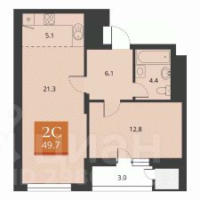 2-комн.кв., 50 м², этаж 3