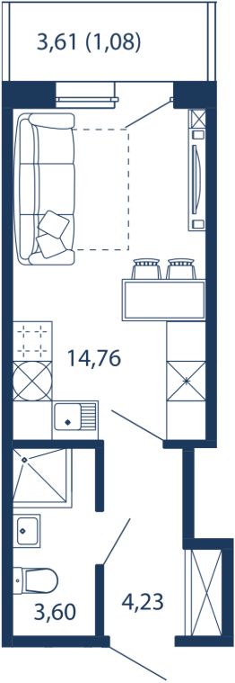 апарт.-студия, 24 м², этаж 2