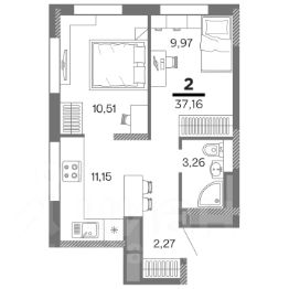 2-комн.кв., 38 м², этаж 2