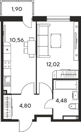 3-комн.кв., 55 м², этаж 19