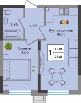 1-комн.кв., 38 м², этаж 2