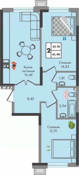 2-комн.кв., 61 м², этаж 5