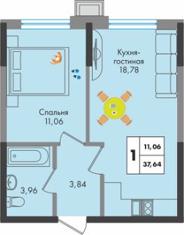 1-комн.кв., 38 м², этаж 2