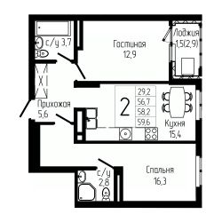 2-комн.кв., 58 м², этаж 11