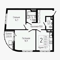 2-комн.кв., 64 м², этаж 12