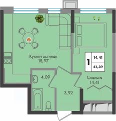 1-комн.кв., 41 м², этаж 2