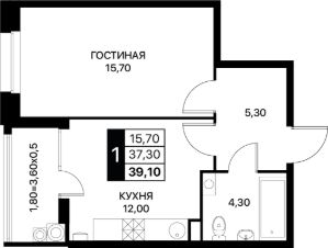 1-комн.кв., 39 м², этаж 2