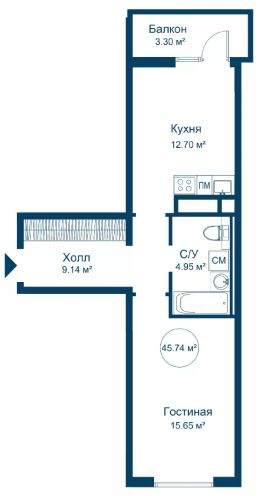 1-комн.кв., 46 м², этаж 4