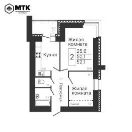 2-комн.кв., 52 м², этаж 4