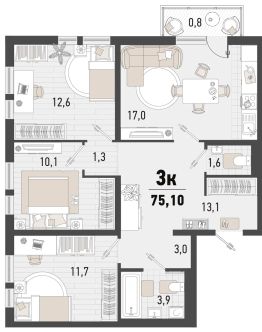 3-комн.кв., 75 м², этаж 24