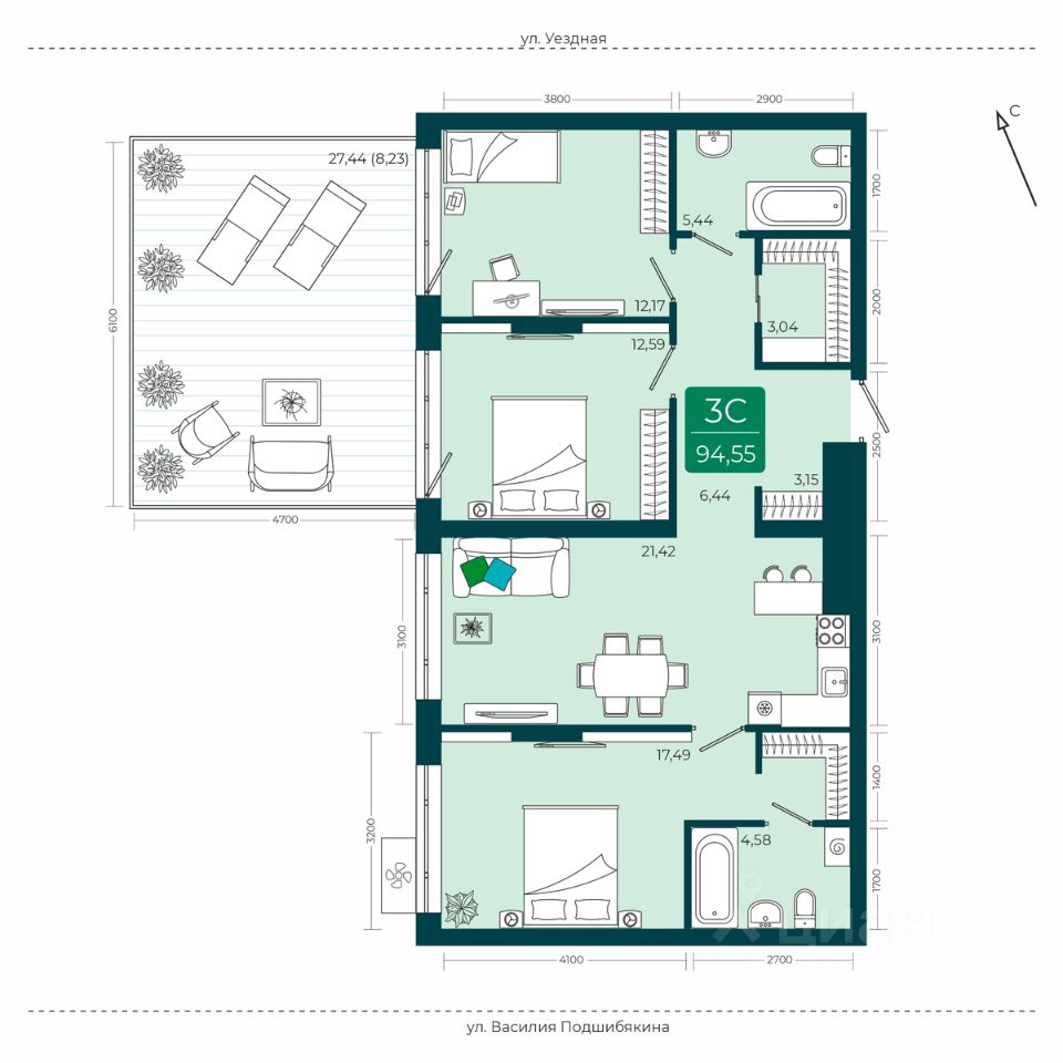 Продажа трехкомнатной квартиры 94,6м² ул. Арктическая, 9, Тюмень, Тюменская  область - база ЦИАН, объявление 298219930