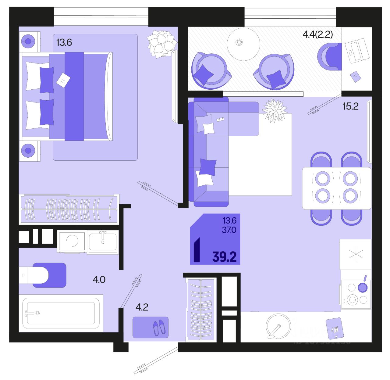 Продажа однокомнатной квартиры 39,2м² ул. Виктора Казанцева, Краснодар,  Краснодарский край - база ЦИАН, объявление 298229344