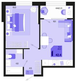 1-комн.кв., 42 м², этаж 2