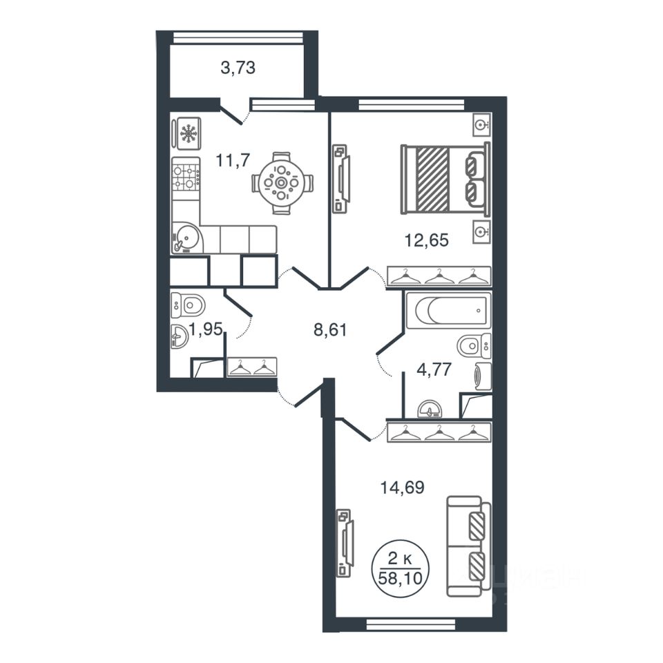 Продаю двухкомнатную квартиру 58,1м² Тверь, Тверская область, Южный  микрорайон - база ЦИАН, объявление 298244372