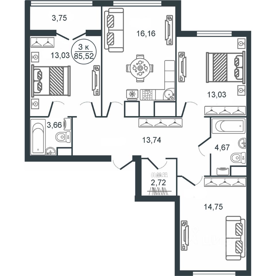 Продаю трехкомнатную квартиру 85,5м² Тверь, Тверская область, Южный  микрорайон - база ЦИАН, объявление 298244516