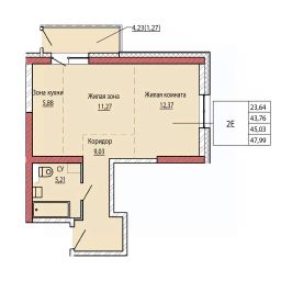 2-комн.кв., 45 м², этаж 2