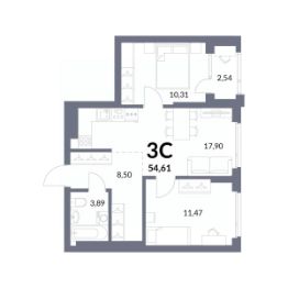 3-комн.кв., 53 м², этаж 2