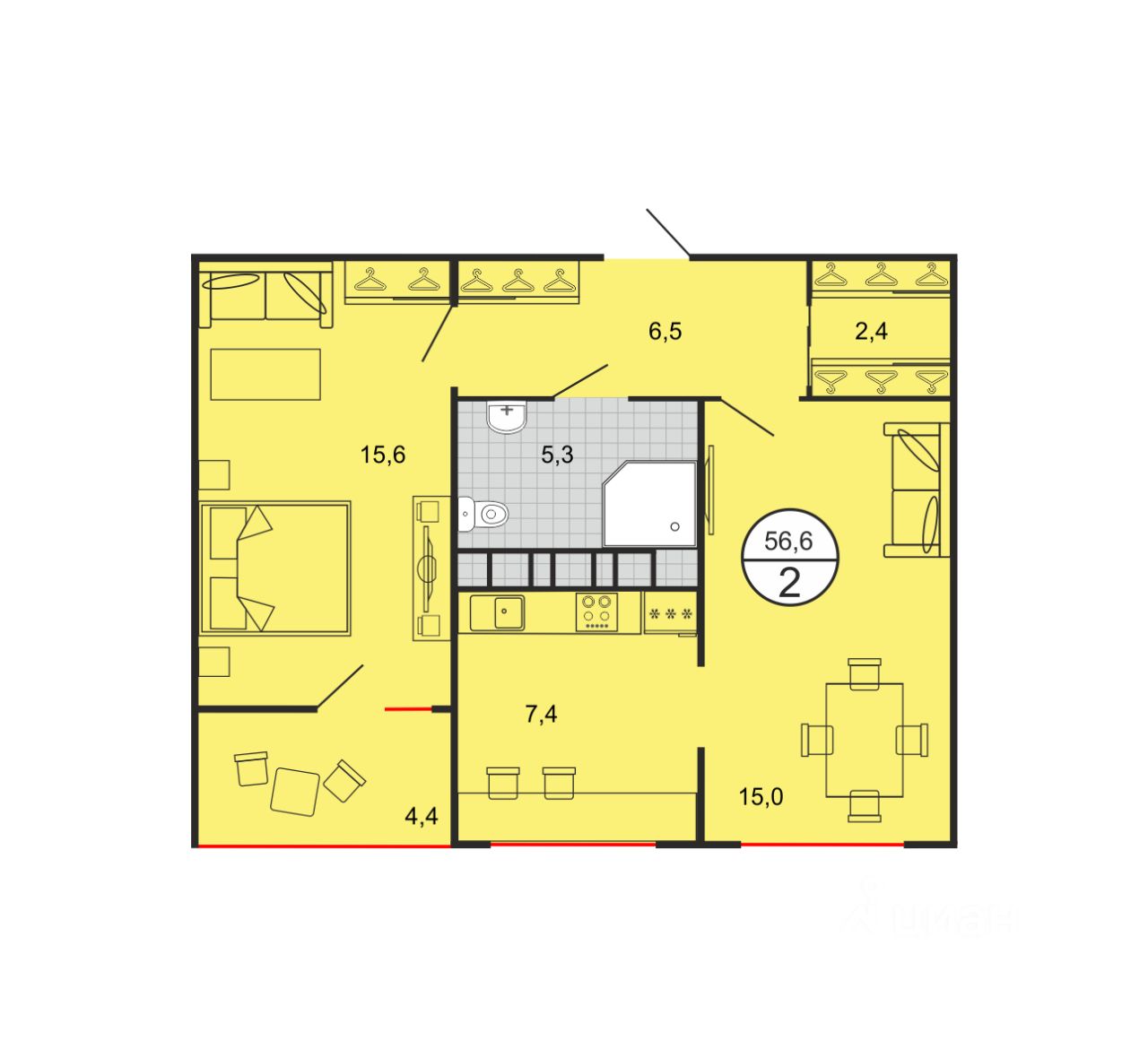 Продаю двухкомнатную квартиру 56,6м² Ставрополь, Ставропольский край, № 10  микрорайон - база ЦИАН, объявление 298271798