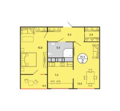 2-комн.кв., 57 м², этаж 2