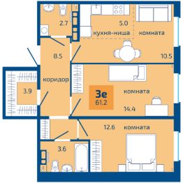 3-комн.кв., 61 м², этаж 2