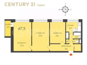 3-комн.кв., 68 м², этаж 4