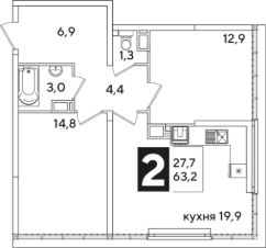2-комн.кв., 63 м², этаж 16
