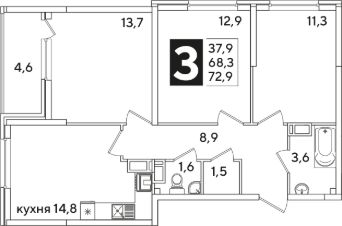 3-комн.кв., 73 м², этаж 15