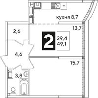 2-комн.кв., 49 м², этаж 16