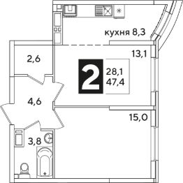 2-комн.кв., 47 м², этаж 12